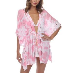 Raviya Womens Crochet-Trim Tie-Front Kimono Swim Cover-up Medium